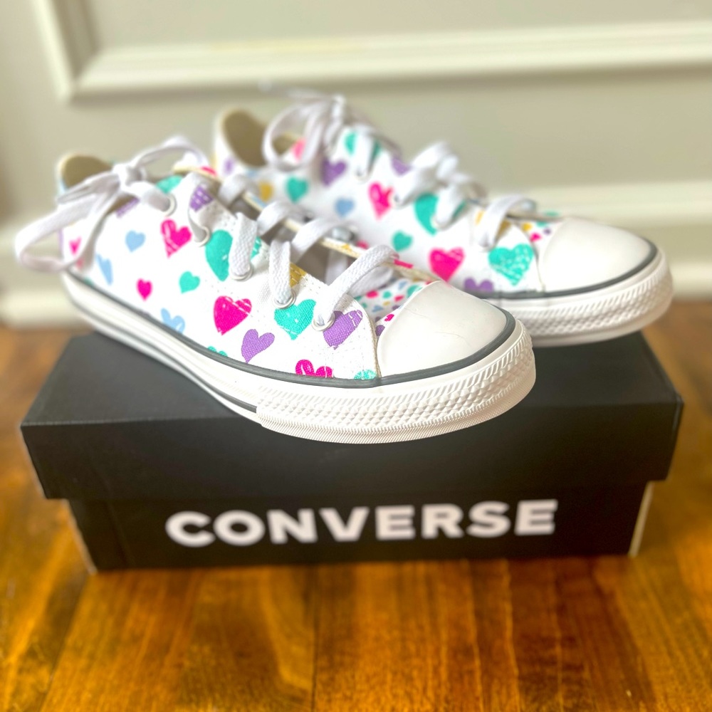 Brand New with Box Girls Converse All Stars with heart design.  Size 3 US